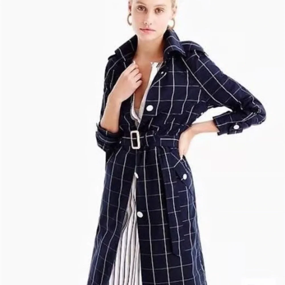 J Crew Collection Navy Windowpane Lightweight Trench Coat Size 2 - Picture 3 of 15